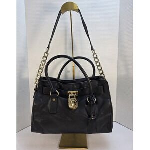 Michael Kors Purse Black Hamilton Satchel Tote Shoulder Bag Gold Chain & Lock